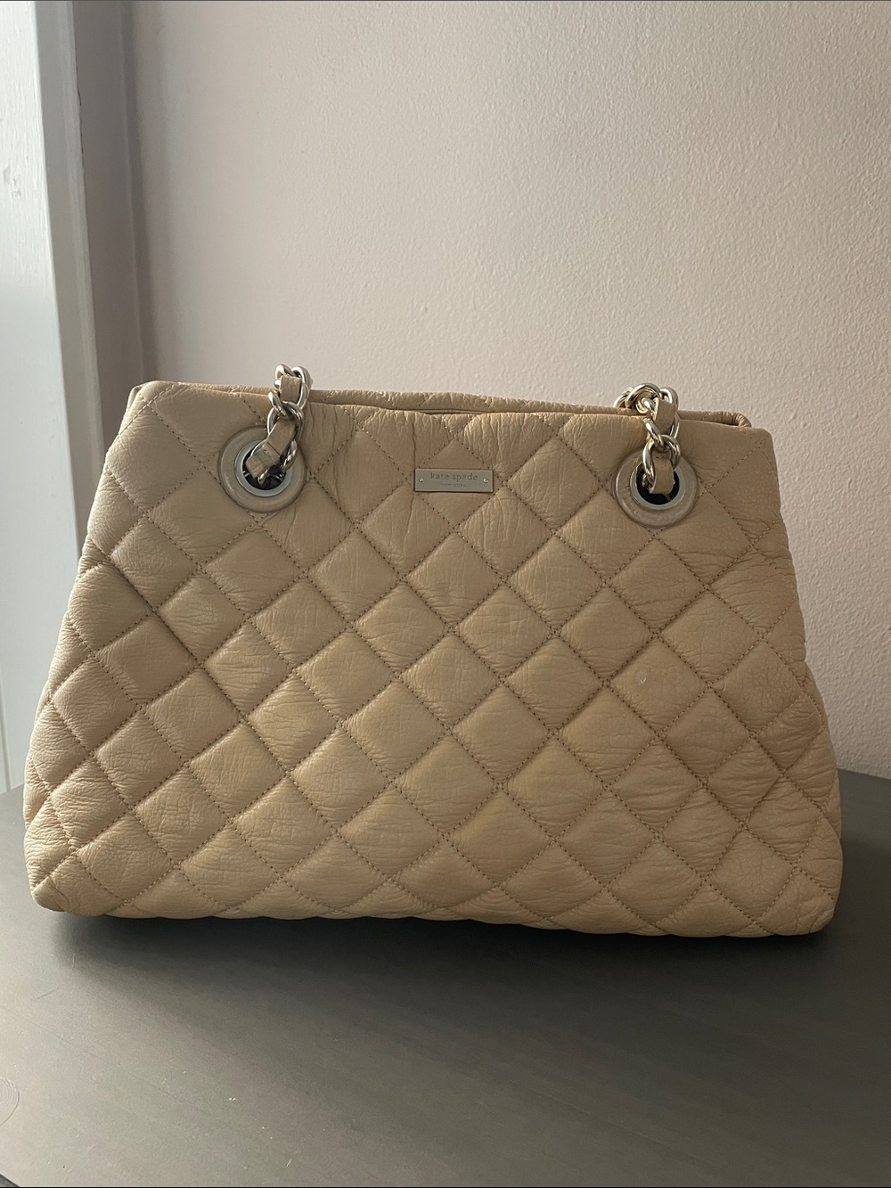 kate spade Quilted Beige Shoulder Bag with Silver-Tone Chain Handles